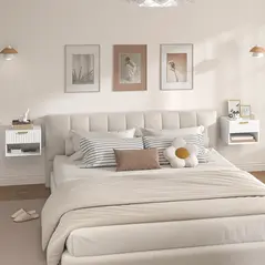 HOMCOM Floating Nightstands Set of 2, Modern Wall Mounted Bedside Tables with Fluted Drawer and Open Shelf for Bedroom, White - 8