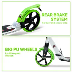 HOMCOM Folding Kick Scooter, Adjustable Ride On Scooter with 200mm Big Wheels and Double Shock Absorption, Urban Scooter for 14+ Teens Adult, Green - 5