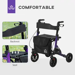HOMCOM Folding Rollator Walker with Seat, Backrest, Lightweight Walking Frame with Storage Bag, Dual Brakes, Adjustable Handle Height, Suspension System, 4 Wheeled Walker for Seniors, Purple - 4