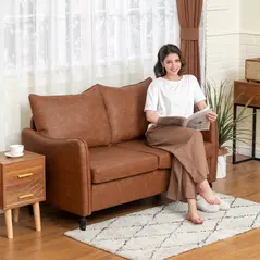 HOMCOM Faux Leather Marble-Effect Two-Seater Sofa - Brown - 2