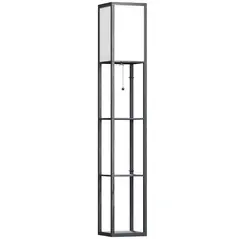 HOMCOM Floor Lamp with Shelves and Top Light, Modern Corner Standing Lamp with TC Fabric Lampshade for Living Room, Bedroom, Bulb not Included, Black - 1