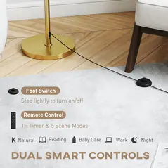 HOMCOM Floor Lamp with Remote, Height Adjustable Standing Lamp with Linen Shade, Dimmable with 3000K-6000K Adjustable Colour Temperatures, Foot Switch for Living Room Bedroom Office, Gold Tone - 5