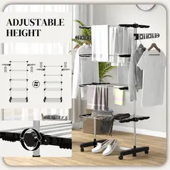 HOMCOM Four-Shelf Collapsing Clothes Horse, With Side Arms and Wheels - Black - 4