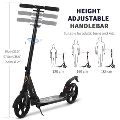 HOMCOM Folding Kick Scooter, Adjustable Ride On Scooter with 200mm Big Wheels and Double Shock Absorption, Urban Scooter for 14+ Teens Adult, Black - 4