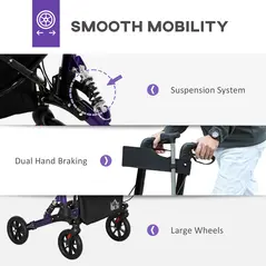 HOMCOM Folding Rollator Walker with Seat, Backrest, Lightweight Walking Frame with Storage Bag, Dual Brakes, Adjustable Handle Height, Suspension System, 4 Wheeled Walker for Seniors, Purple - 5