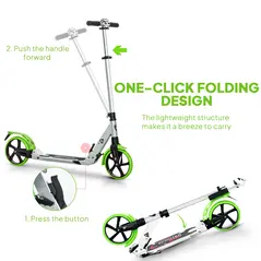 HOMCOM Folding Kick Scooter, Adjustable Ride On Scooter with 200mm Big Wheels and Double Shock Absorption, Urban Scooter for 14+ Teens Adult, Green - 6