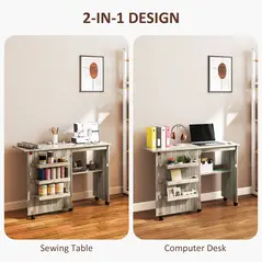 HOMCOM Folding Sewing Table, Drop Leaf Craft Table with Storage Bins, Open Shelf and Wheels, Rolling Sewing Machine Cabinet Computer Desk for Small Space, Grey - 6