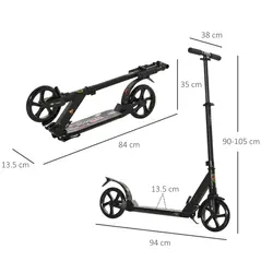 HOMCOM Folding Kick Scooter, Adjustable Ride On Scooter with 200mm Big Wheels and Double Shock Absorption, Urban Scooter for 14+ Teens Adult, Black - 3
