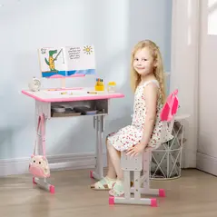 HOMCOM Kids Adjustable Desk and Chair Set, Book Stand, Pen Slot - Pink - 2