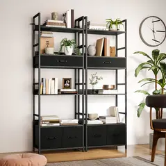 HOMCOM Industrial Style Bookcase, with 4 Shelves and 3 Fabric Drawers - Grey/Black - 9