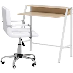 HOMCOM Home Office Chair and Computer Desk Set, Faux Leather Desk Chair with Swivel Wheels, Study Desk with Storage Shelf, White - 1