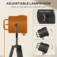 HOMCOM Industrial Tripod Floor Lamp, Nautical Searchlight with Adjustable Height, Wood Legs, E14 Lamp Base for Living Room, Bedroom, Black - 6