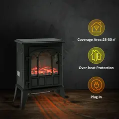 HOMCOM Freestanding Electric Fireplace, Electric Stove Heater with LED Flame Effect, Overheating Safety System, 1000W/2000W Black - 6