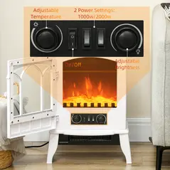 HOMCOM Freestanding Electric Fireplace, Electric Log Burner with LED Flame Effect, Overheating Safety System, 1000W/2000W White - 5