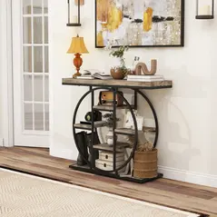 HOMCOM Industrial Console Table with Storage Shelves - Rustic Brown - 8