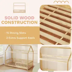HOMCOM House-Shaped Kids Bed Frame with Guard Rails, Solid Pine Wood Single Bed Frame for Kids Boys and Girls, Natural - 7