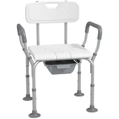 HOMCOM Height Adjustable Shower Stool with Arms and Back, Non-Slip Bedside Commode with Detachable Bucket for Elderly, White - 1