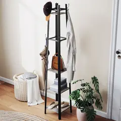 HOMCOM Industrial-Style Four Shelf Coat Stand - Grey/Black - 8