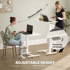 HOMCOM Height Adjustable Standing Desk, Pneumatic Sit Stand Desk for Laptop, Mobile Overbed Table with Wheels for Home Office, White - 4
