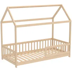 HOMCOM House-Shaped Kids Bed Frame with Guard Rails, Solid Pine Wood Single Bed Frame for Kids Boys and Girls, Natural - 1