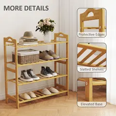HOMCOM Freestanding Bamboo Shoe Rack, 4-Tier Shoe Shelf Stand for Hallway, Living Room, Bedroom, Natural Wood Finish - 6
