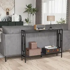 HOMCOM Industrial Console Table with Storage Shelf, Narrow Hallway Dressing Desk with Metal Frame for Living Room, Bedroom, Grey and Black - 9