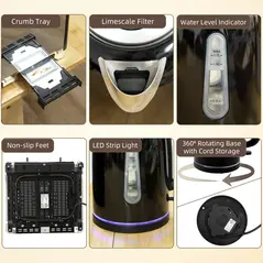 HOMCOM Kettle and Toaster Set, 1.7L 3000W Rapid Boil Jug Kettle with Otter Thermostat, Limescale Filter, 4 Slice Toaster with 7 Browning Controls, Crumb Tray, LED Strip, Black - 9