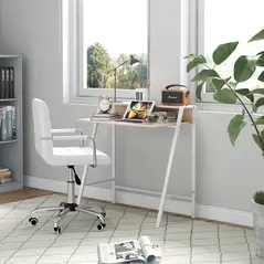 HOMCOM Home Office Chair and Computer Desk Set, Faux Leather Desk Chair with Swivel Wheels, Study Desk with Storage Shelf, White - 2