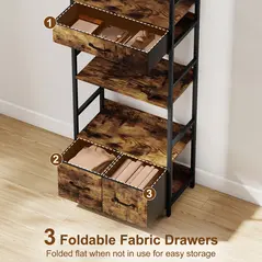 HOMCOM Industrial Style Bookcase, with 4 Shelves and 3 Fabric Drawers - Brown/Black - 5