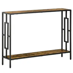 HOMCOM Industrial Console Table with Storage Shelf, Narrow Hallway Dressing Desk with Metal Frame for Living Room, Bedroom, Rustic Brown - 1