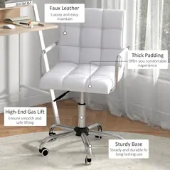 HOMCOM Home Office Chair and Computer Desk Set, Faux Leather Desk Chair with Swivel Wheels, Study Desk with Storage Shelf, White - 6