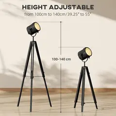 HOMCOM Industrial Tripod Floor Lamp, Nautical Searchlight with Adjustable Height, Wood Legs, E14 Lamp Base for Living Room, Bedroom, Black - 4