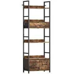 HOMCOM Industrial Style Bookcase, with 4 Shelves and 3 Fabric Drawers - Brown/Black - 1