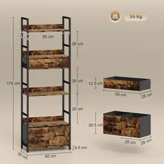 HOMCOM Industrial Style Bookcase, with 4 Shelves and 3 Fabric Drawers - Brown/Black - 3