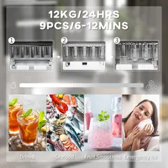 HOMCOM Ice Maker Machine Counter Top, 12Kg in 24 Hrs, 9 Cubes Ready in 6-12Mins, Portable Ice Cube Maker with Ice Scoop and Basket, White - 4