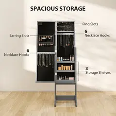 HOMCOM Freestanding Mirrored Jewellery Storage Cabinet - Grey - 4