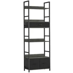HOMCOM Industrial Style Bookcase, with 4 Shelves and 3 Fabric Drawers - Grey/Black - 1
