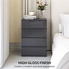 HOMCOM High Gloss Chest of Drawers, 4-Drawer Storage Cabinets, Modern Dresser for Bedroom, Grey - 6