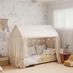 HOMCOM House-Shaped Kids Bed Frame with Guard Rails, Solid Pine Wood Single Bed Frame for Kids Boys and Girls, Natural - 8