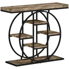 HOMCOM Industrial Console Table with Storage Shelves - Rustic Brown - 1