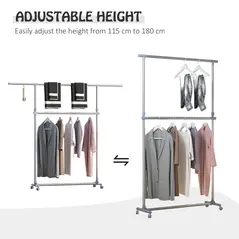 HOMCOM Heavy Duty Clothes Hanger Garment Rail Hanging Display Stand Rack w/ Wheels Adjustable - 4