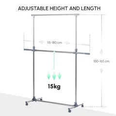 HOMCOM Heavy Duty Clothes Hanger Garment Rail Hanging Display Stand Rack w/ Wheels Adjustable - 7