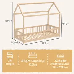 HOMCOM House-Shaped Kids Bed Frame with Guard Rails, Solid Pine Wood Single Bed Frame for Kids Boys and Girls, Natural - 3