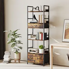 HOMCOM Industrial Style Bookcase, with 4 Shelves and 3 Fabric Drawers - Brown/Black - 2
