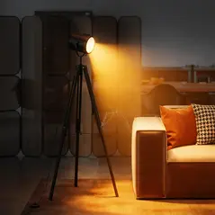 HOMCOM Industrial Tripod Floor Lamp, Nautical Searchlight with Adjustable Height, Wood Legs, E14 Lamp Base for Living Room, Bedroom, Black - 2