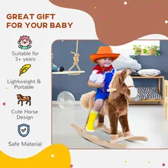 HOMCOM Kids Children Plush Rocking Horse Wooden Base Ride On Toy Rocker with Handle Grip Traditional Toy Fun Gift for Age 3+ (Brown) - 4