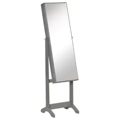 HOMCOM Full Length Mirror with Storage, Jewellery Cabinet with Mirror, Adjustable Angle and Stand, Lockable Jewellery Organiser for Bedroom Dressing Room, Grey - 1