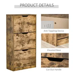 HOMCOM Industrial Shoe Cabinet with 3 Flip Drawers, Narrow Shoe Storage Cabinet for 18 Pairs, Freestanding Slim Shoe Storage Organiser for Entryway, Hallway, Rustic Brown - 6