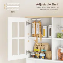 HOMCOM Freestanding Kitchen Cupboard, Storage Cabinet with Doors and Adjustable Shelves, Counter Top, Grid Glass Doors, 80L x 37W x 183H cm - White - 6