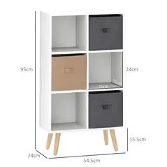HOMCOM Freestanding 6 Cube Unit Cabinet Unit w/ 3 Fabric Drawers Handles Home Office Storage Shelves White - 3